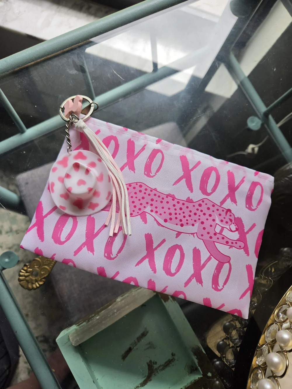 Pink XOXO Leopard Pouch with Tassel Keychain